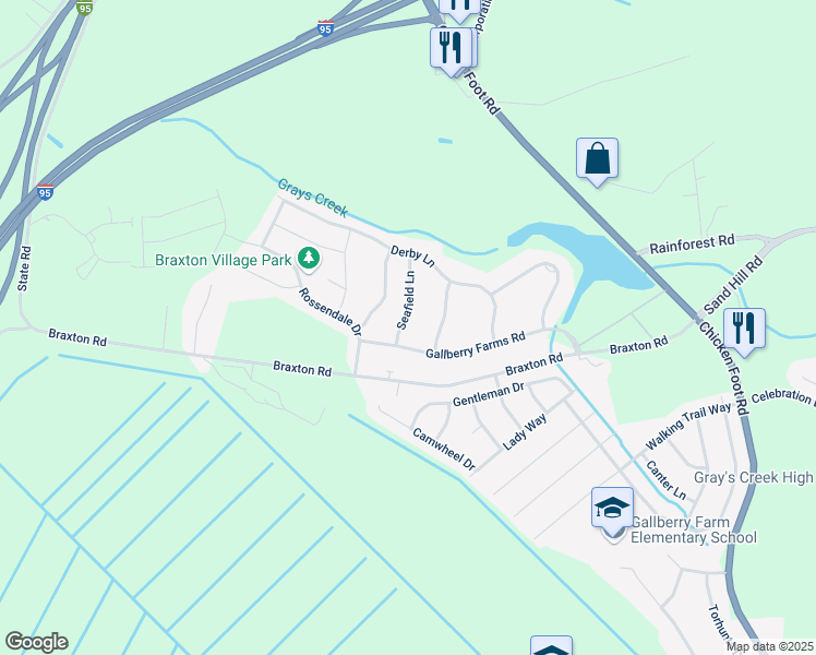 map of restaurants, bars, coffee shops, grocery stores, and more near 5653 Seafield Lane in Hope Mills