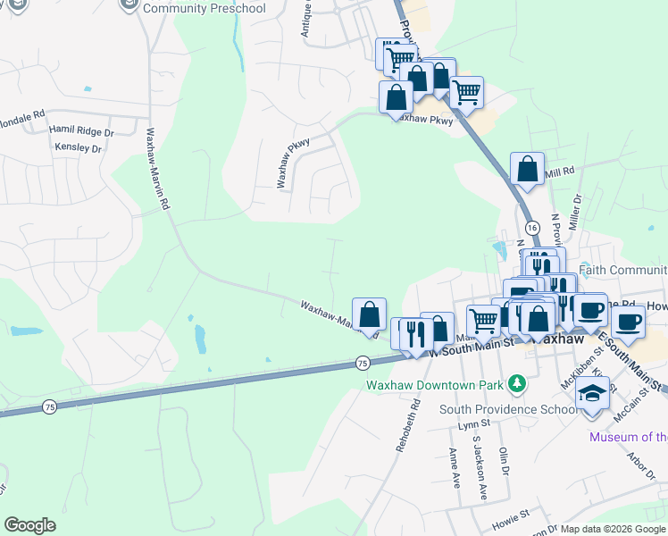 map of restaurants, bars, coffee shops, grocery stores, and more near 5329 Waxhaw-Marvin Road in Waxhaw