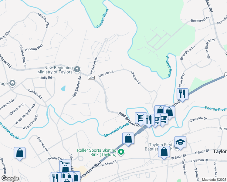 map of restaurants, bars, coffee shops, grocery stores, and more near 218 Reid School Road in Taylors