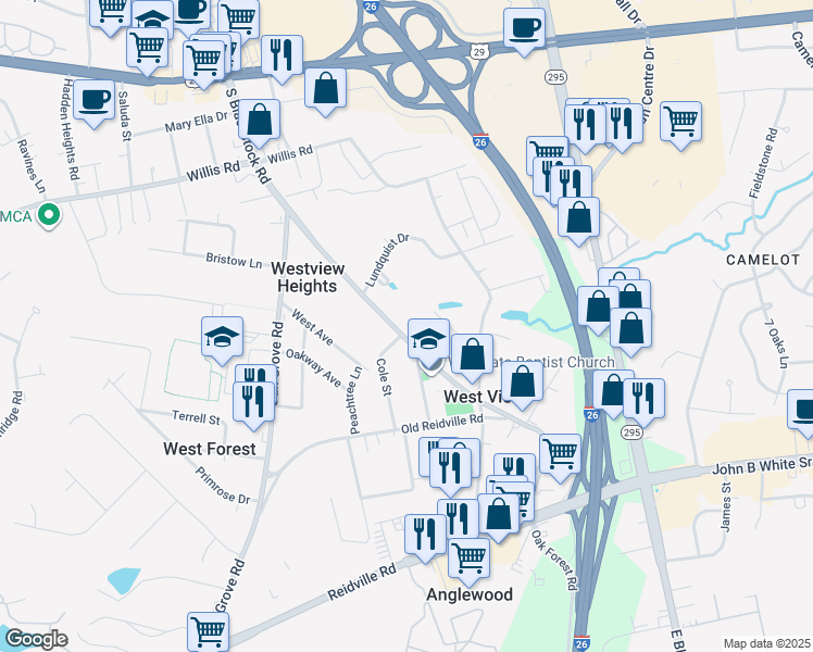 map of restaurants, bars, coffee shops, grocery stores, and more near 197 South Blackstock Road in Spartanburg