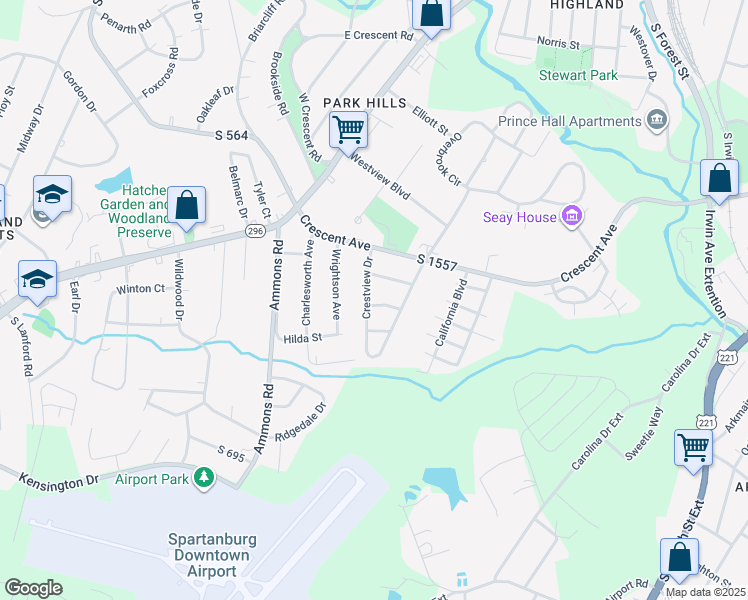 map of restaurants, bars, coffee shops, grocery stores, and more near 421 Crestview Drive in Spartanburg