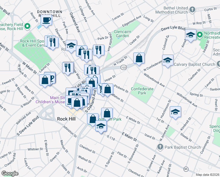 map of restaurants, bars, coffee shops, grocery stores, and more near 301B Pendleton Street in Rock Hill