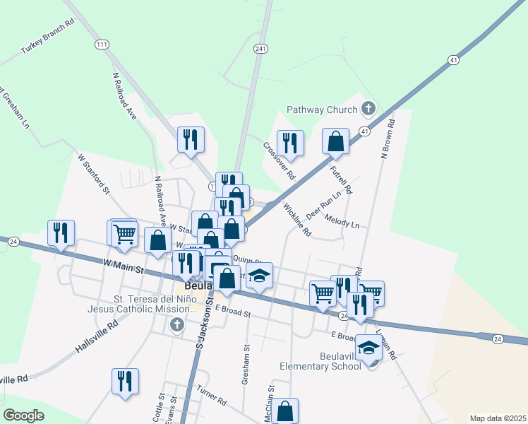 map of restaurants, bars, coffee shops, grocery stores, and more near North Carolina 41 in Beulaville