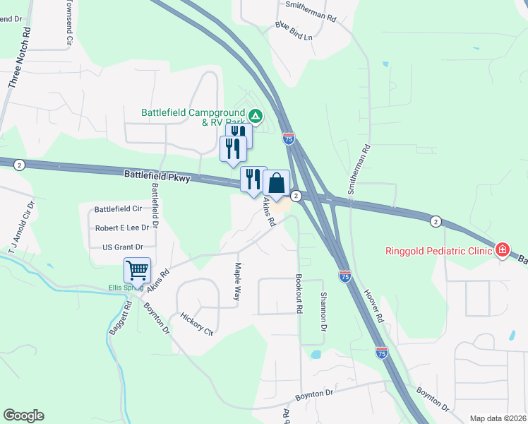 map of restaurants, bars, coffee shops, grocery stores, and more near 6622 Battlefield Parkway in Ringgold