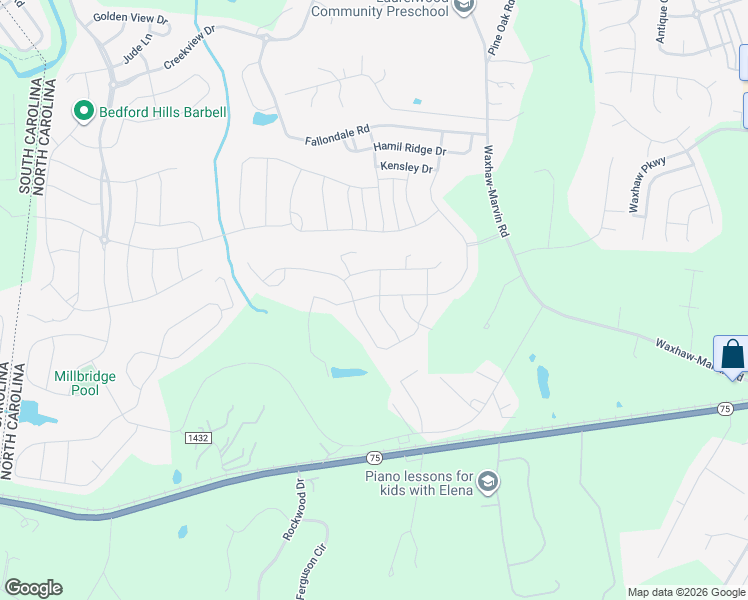 map of restaurants, bars, coffee shops, grocery stores, and more near 8001 Oakmere Road in Waxhaw