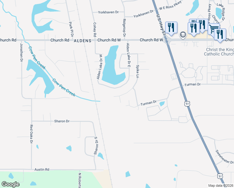 map of restaurants, bars, coffee shops, grocery stores, and more near 4616 Alden Lake Drive West in Horn Lake
