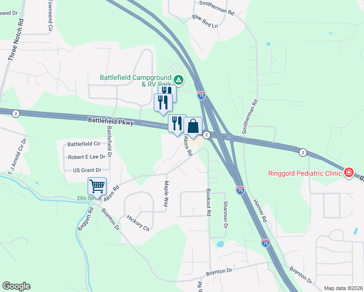 map of restaurants, bars, coffee shops, grocery stores, and more near 23 Knollwood Drive in Ringgold