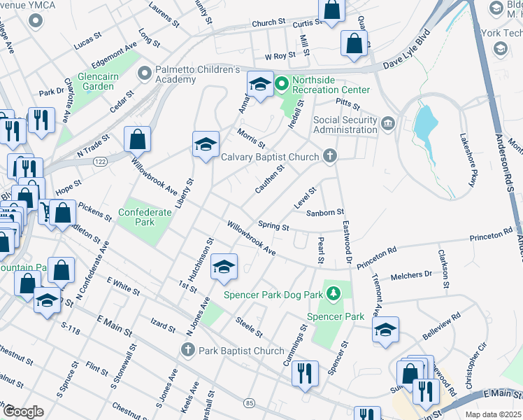 map of restaurants, bars, coffee shops, grocery stores, and more near 619 North Jones Avenue in Rock Hill