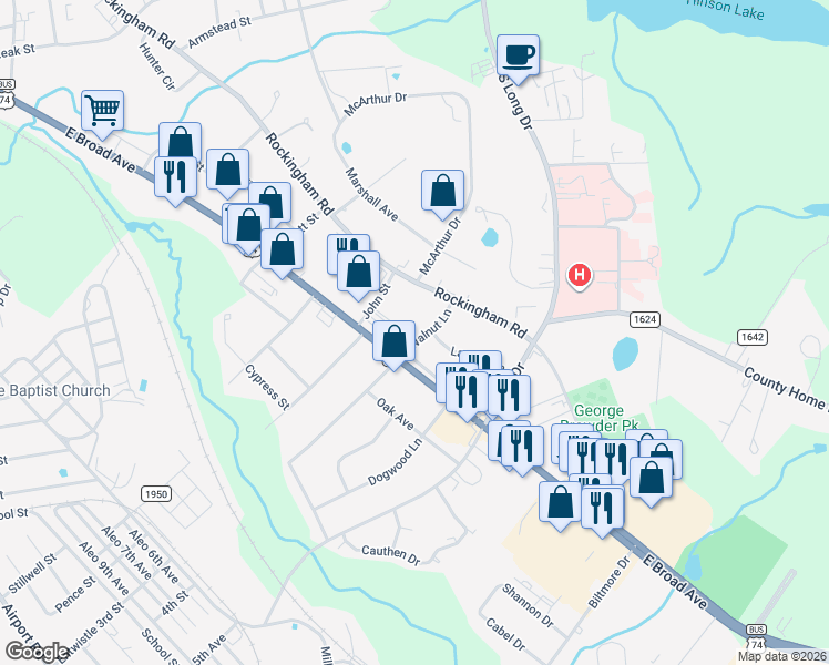 map of restaurants, bars, coffee shops, grocery stores, and more near 1011 Walnut Lane in Rockingham