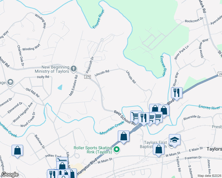 map of restaurants, bars, coffee shops, grocery stores, and more near 218 Reid School Road in Taylors