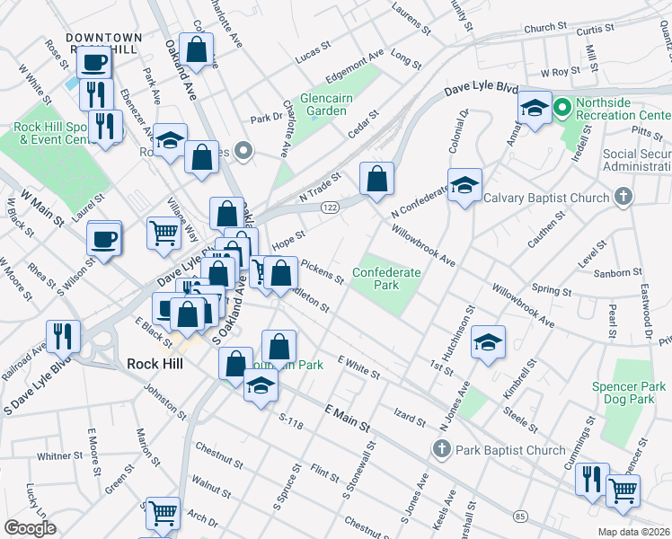 map of restaurants, bars, coffee shops, grocery stores, and more near 408 Pickens Court in Rock Hill