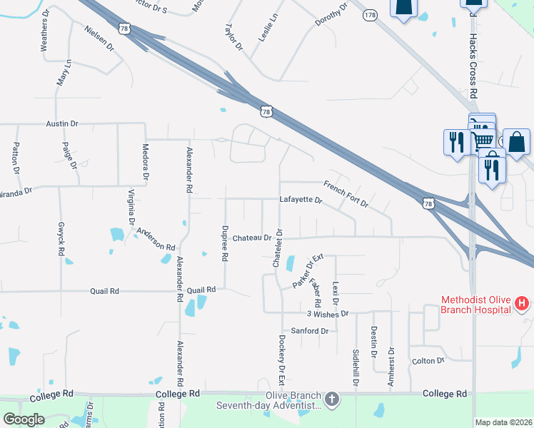 map of restaurants, bars, coffee shops, grocery stores, and more near 4615 Lapaloma Lane in Olive Branch
