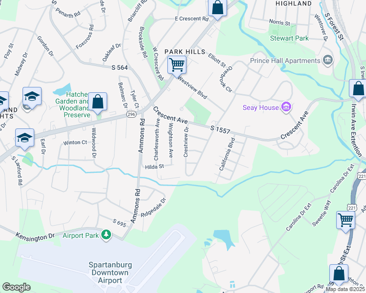 map of restaurants, bars, coffee shops, grocery stores, and more near 421 Crestview Drive in Spartanburg