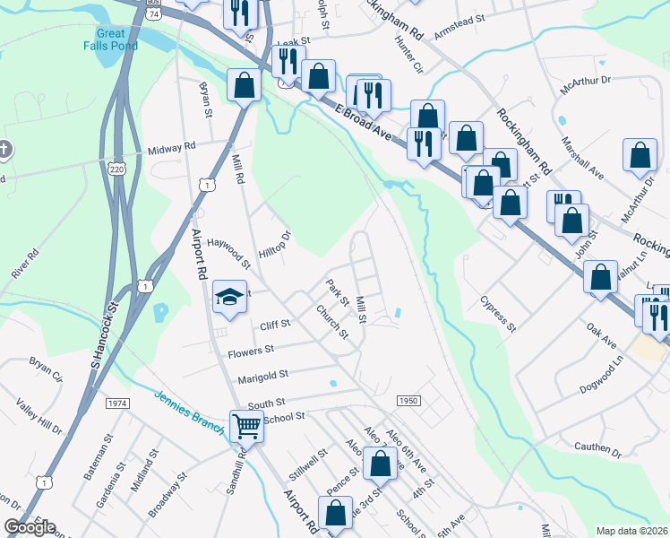 map of restaurants, bars, coffee shops, grocery stores, and more near 132 Park Avenue in Rockingham
