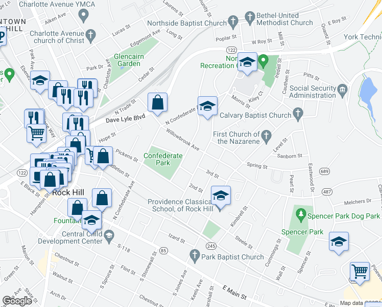 map of restaurants, bars, coffee shops, grocery stores, and more near 464 Liberty Street in Rock Hill