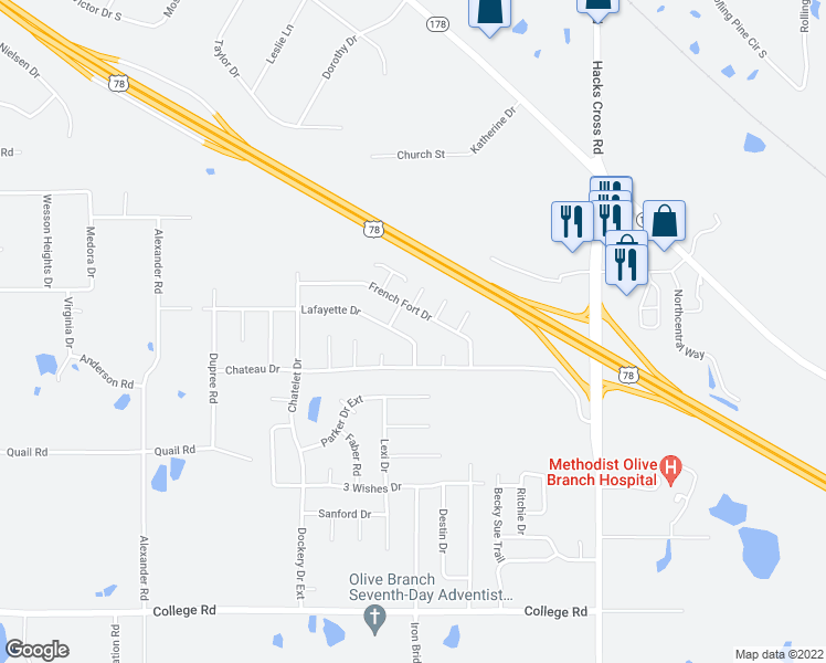 map of restaurants, bars, coffee shops, grocery stores, and more near 10632 Lafayette Drive in Olive Branch