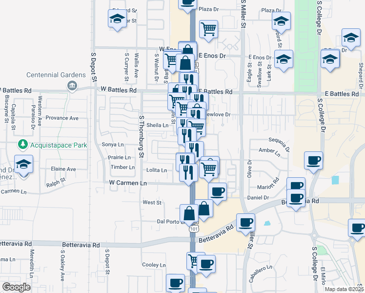 map of restaurants, bars, coffee shops, grocery stores, and more near 1825 South Broadway in Santa Maria