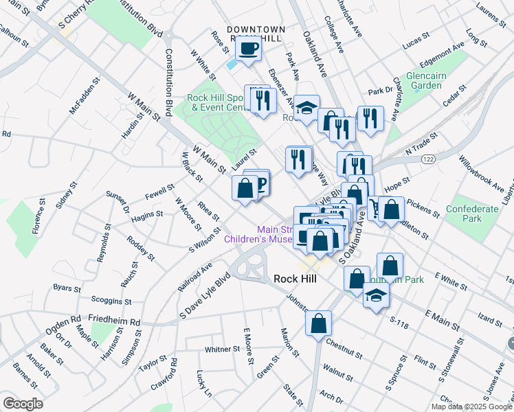 map of restaurants, bars, coffee shops, grocery stores, and more near 137 East Main Street in Rock Hill