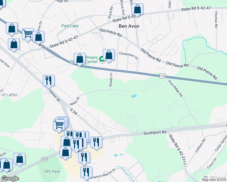 map of restaurants, bars, coffee shops, grocery stores, and more near 4 Lynwood Drive in Spartanburg