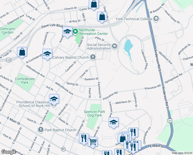 map of restaurants, bars, coffee shops, grocery stores, and more near 897 Eastwood Drive in Rock Hill