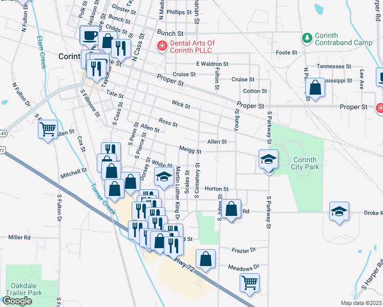 map of restaurants, bars, coffee shops, grocery stores, and more near 384-498 South Cemetery Street in Corinth