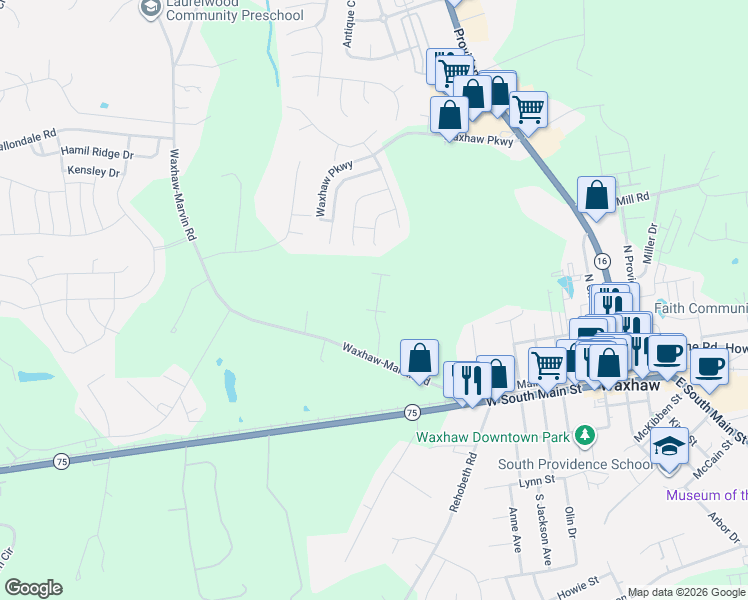 map of restaurants, bars, coffee shops, grocery stores, and more near 5329 Waxhaw-Marvin Road in Waxhaw
