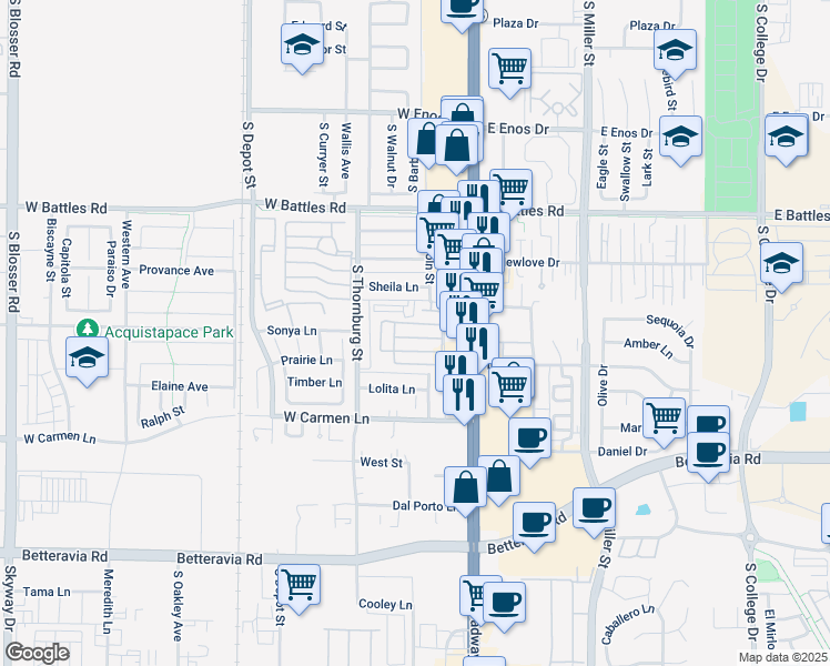 map of restaurants, bars, coffee shops, grocery stores, and more near 1900 South Lincoln Street in Santa Maria