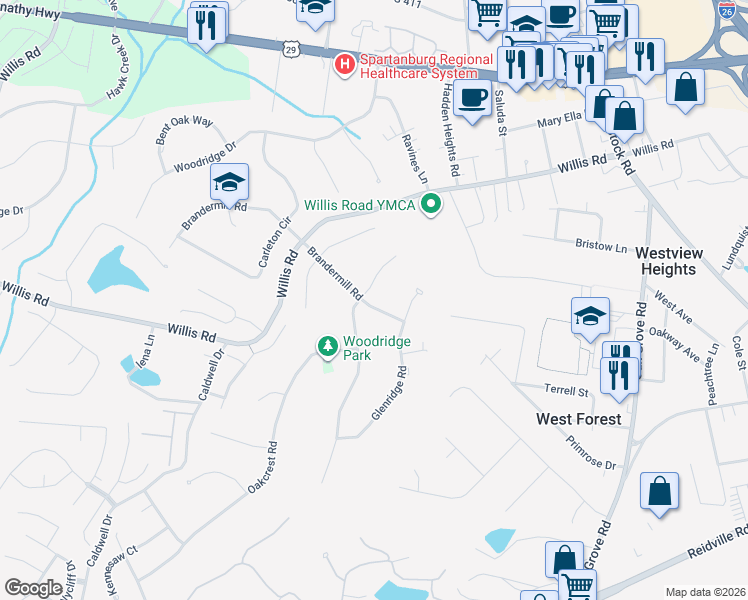 map of restaurants, bars, coffee shops, grocery stores, and more near 200 East Woodglen Road in Spartanburg