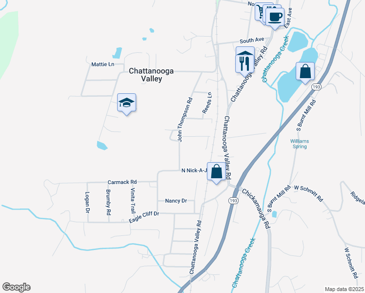 map of restaurants, bars, coffee shops, grocery stores, and more near 409 John Thompson Road in Chattanooga Valley