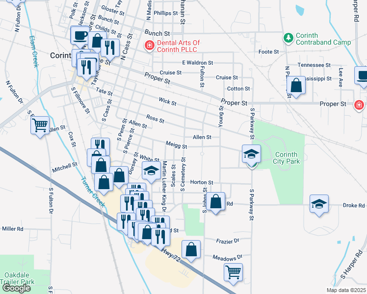 map of restaurants, bars, coffee shops, grocery stores, and more near 384 South Cemetery Street in Corinth