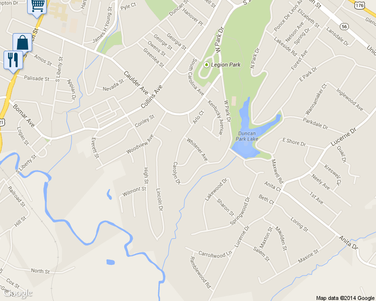 map of restaurants, bars, coffee shops, grocery stores, and more near 111 Waverly Court in Spartanburg