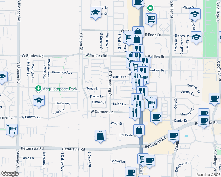 map of restaurants, bars, coffee shops, grocery stores, and more near 1798 South Thornburg Street in Santa Maria