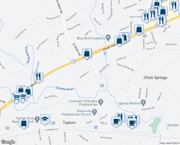 map of restaurants, bars, coffee shops, grocery stores, and more near 31 Saint Mark Road in Taylors