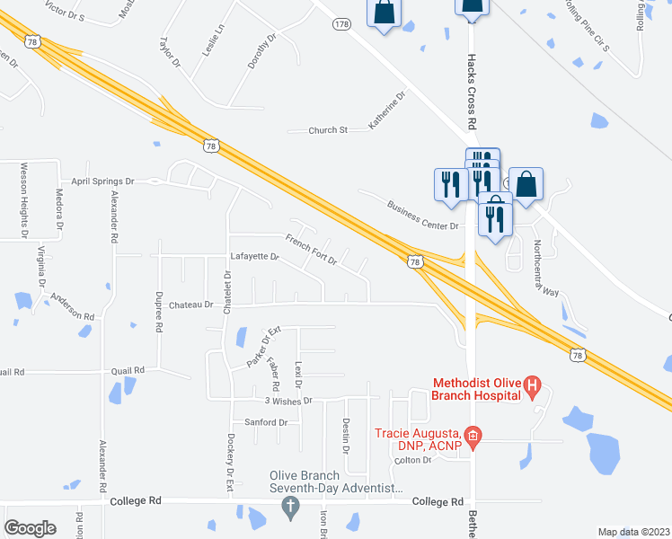 map of restaurants, bars, coffee shops, grocery stores, and more near 10679 French Fort Drive in Olive Branch