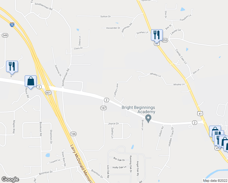map of restaurants, bars, coffee shops, grocery stores, and more near 107 Laferry Lane in Ringgold