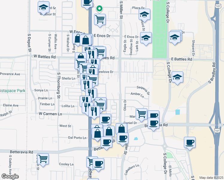 map of restaurants, bars, coffee shops, grocery stores, and more near 1779 McClelland Street in Santa Maria