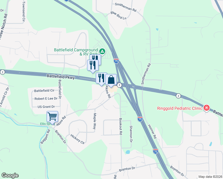 map of restaurants, bars, coffee shops, grocery stores, and more near 6622 Battlefield Parkway in Ringgold