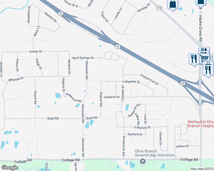 map of restaurants, bars, coffee shops, grocery stores, and more near 4631 Tacoma Place in Olive Branch