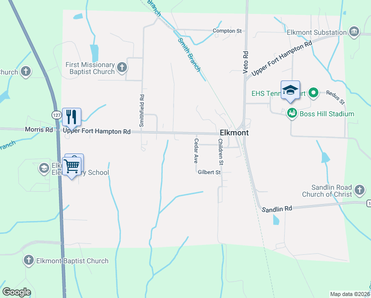 map of restaurants, bars, coffee shops, grocery stores, and more near 25405 Cedar Avenue in Elkmont