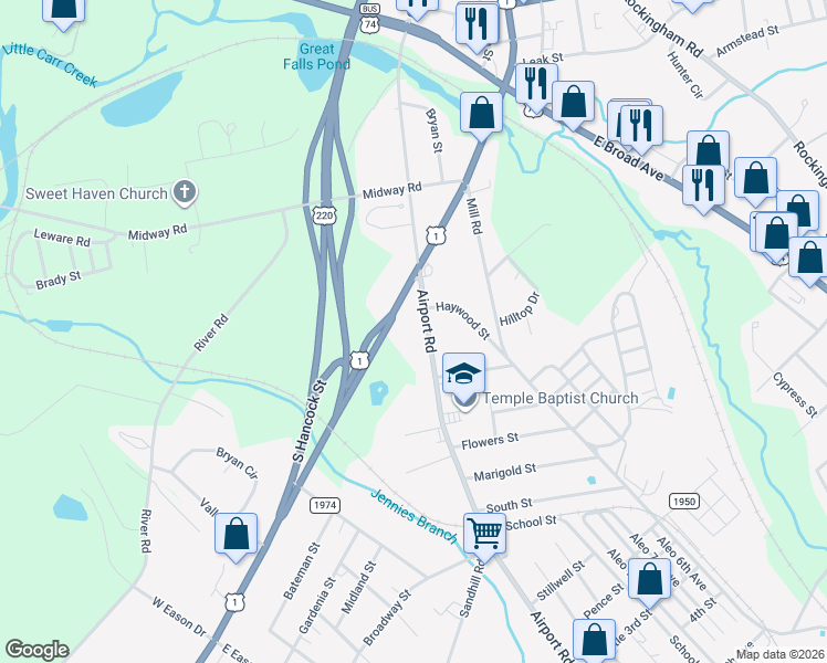 map of restaurants, bars, coffee shops, grocery stores, and more near 710 South Caroline Street in Rockingham