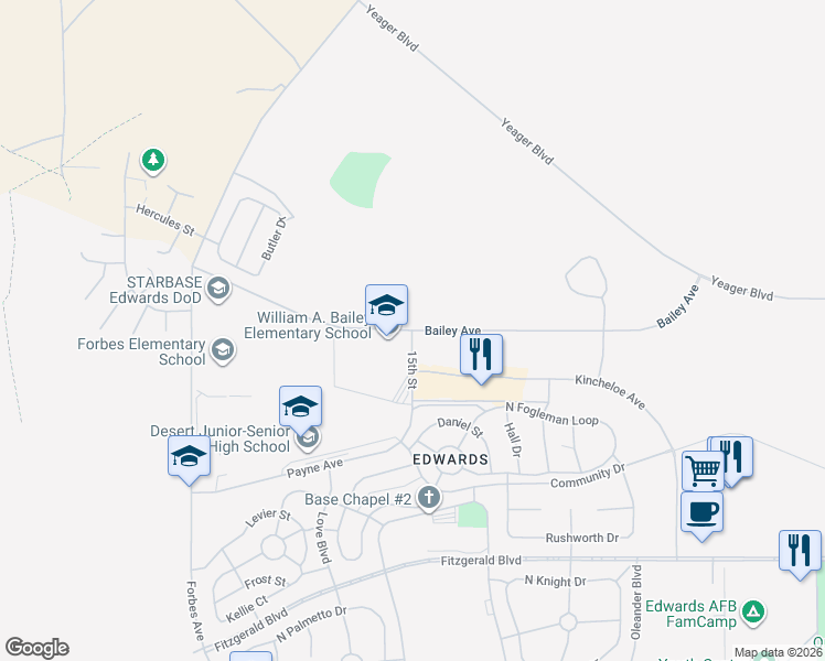 map of restaurants, bars, coffee shops, grocery stores, and more near 1595 Bailey Avenue in Edwards AFB
