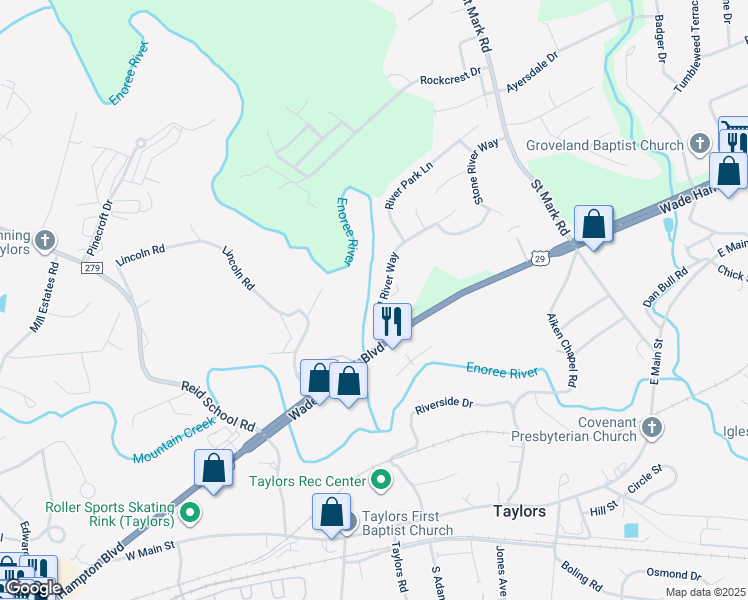 map of restaurants, bars, coffee shops, grocery stores, and more near 215 Wood River Way in Taylors