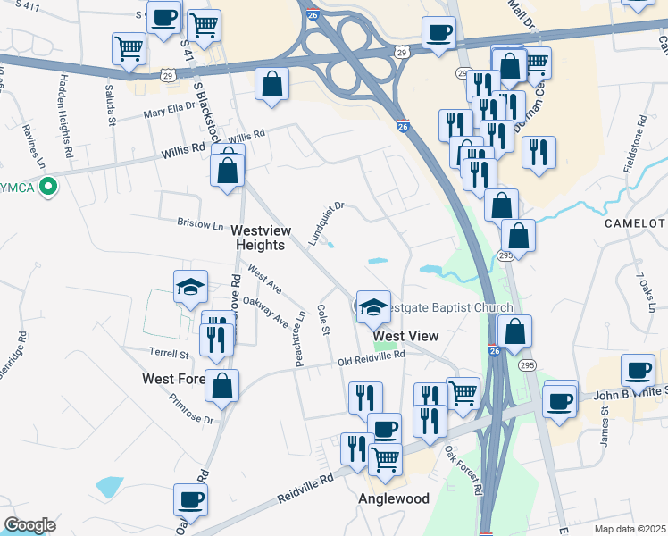 map of restaurants, bars, coffee shops, grocery stores, and more near 197 South Blackstock Road in Spartanburg