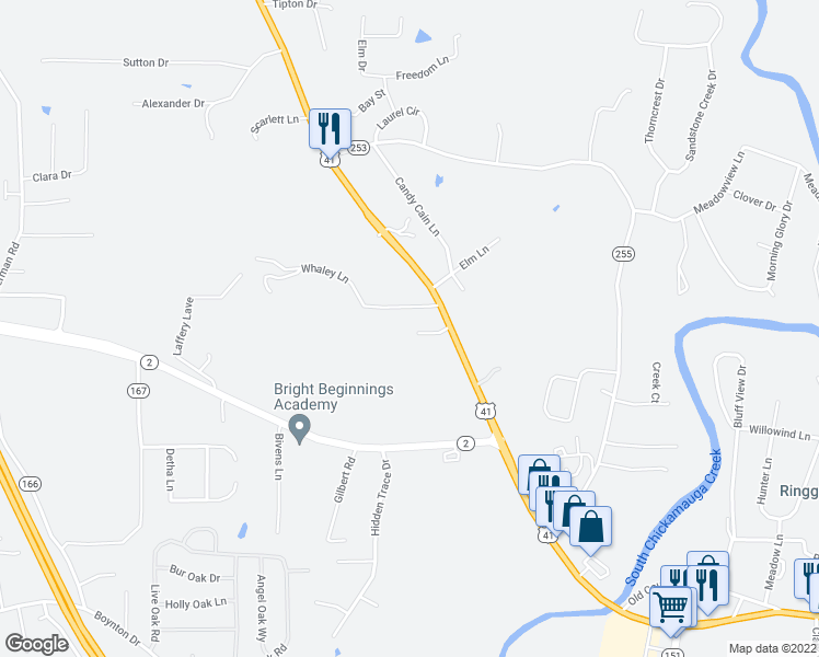 map of restaurants, bars, coffee shops, grocery stores, and more near 92 Sam Lane in Ringgold