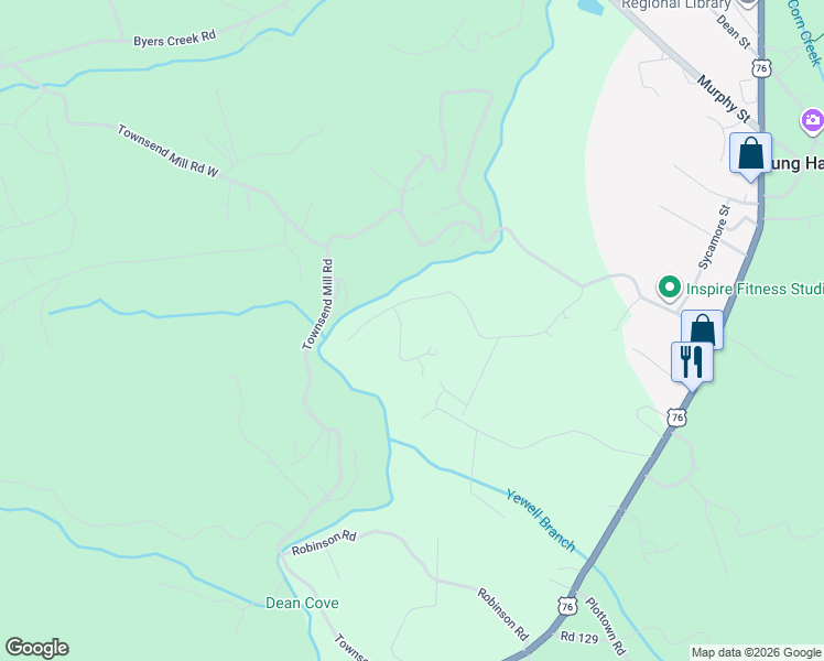 map of restaurants, bars, coffee shops, grocery stores, and more near 5603 Mountain Valley Way in Young Harris