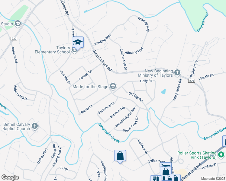 map of restaurants, bars, coffee shops, grocery stores, and more near 406 Holly Road in Taylors