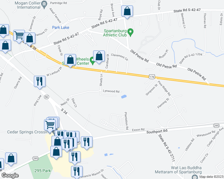 map of restaurants, bars, coffee shops, grocery stores, and more near 19 Lynwood Drive in Spartanburg