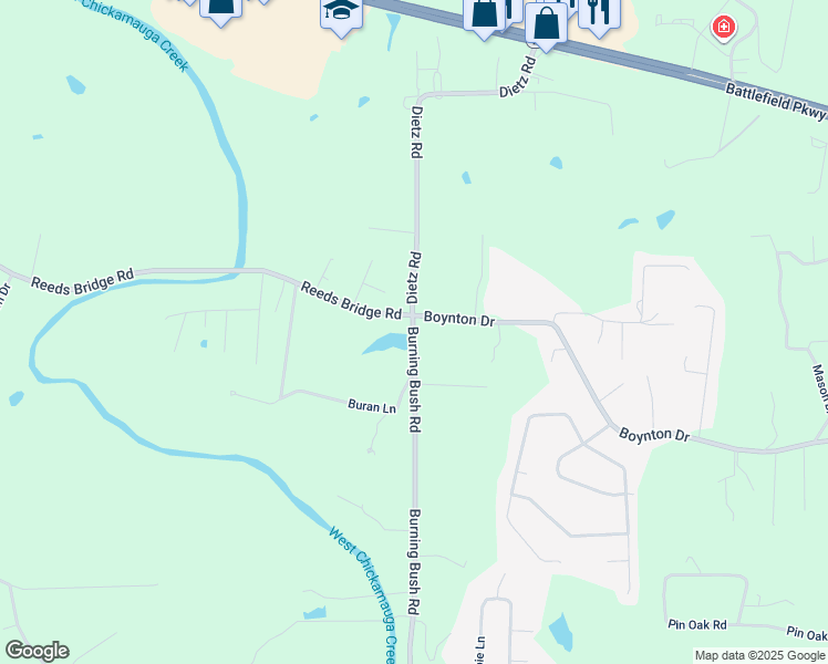 map of restaurants, bars, coffee shops, grocery stores, and more near 1542 Burning Bush Road in Ringgold