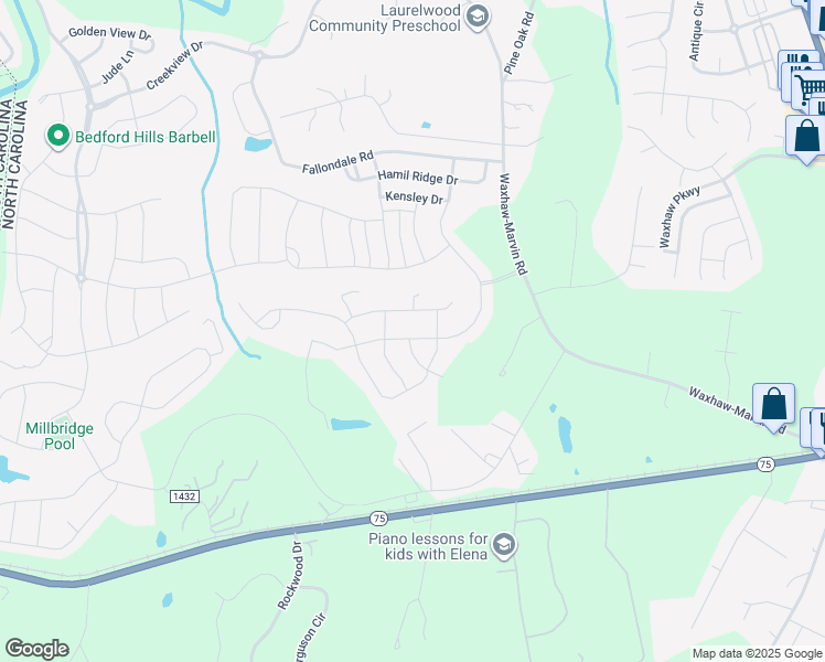 map of restaurants, bars, coffee shops, grocery stores, and more near 5074 Oakmere Road in Waxhaw