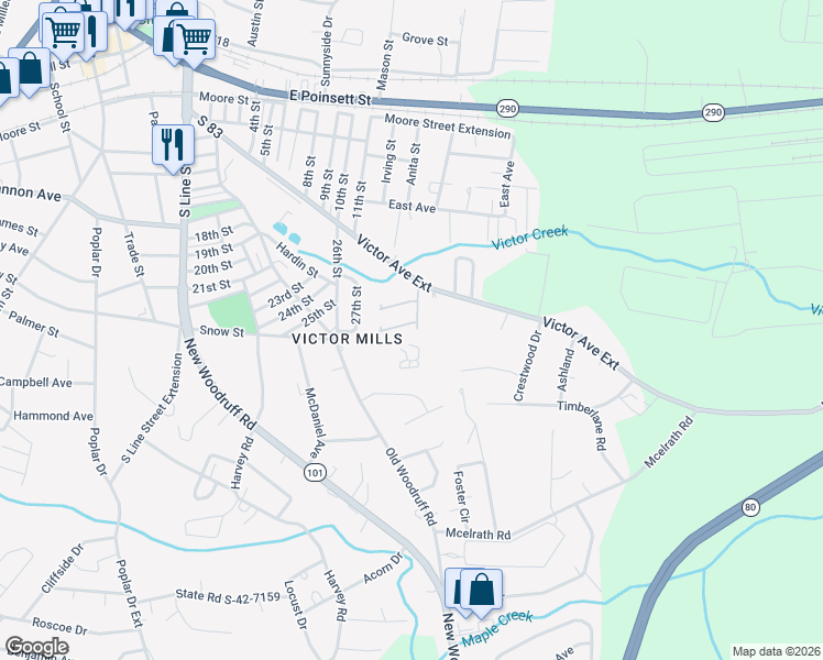 map of restaurants, bars, coffee shops, grocery stores, and more near 144 Victor Avenue in Greer